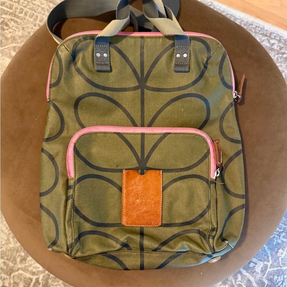 Orla Kiely Green and Pink Backpack with Vintage Geometric Pattern